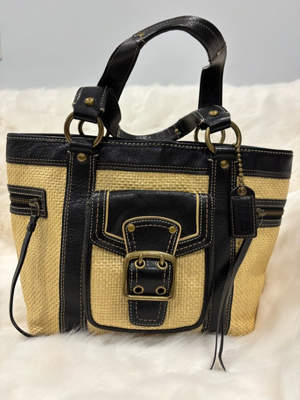 Coach Black and Natural Tote with Buckle Front Pocket